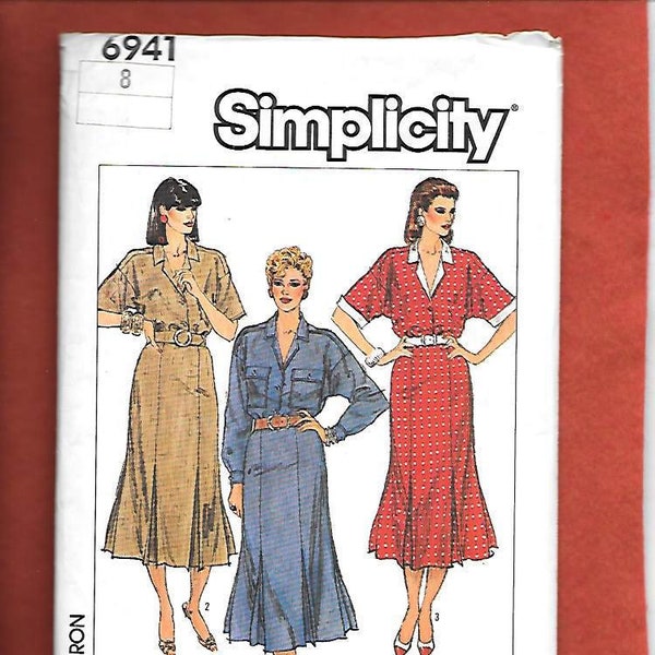 Retro 80's Simplicity 6941 Misses' Shirt Dress With Straight Gored And Pleated Skirt, Notched Collar, Long Or Short Sleeves, Size 8, UNCUT