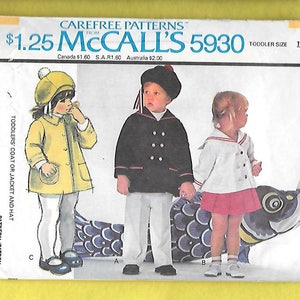 May include: A sewing pattern for a toddler's coat or jacket and hat. The pattern is from McCall's and the number is 5930. The pattern is for toddler size 1. The pattern shows three children wearing the coat, jacket, and hat.