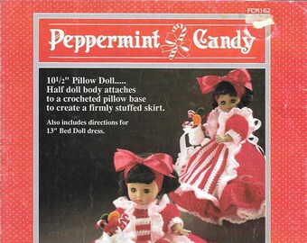 Fibre Craft FCM 162 "Peppermint Candy" Crochet Outfit For A 10.5 Inch Pillow Doll, or 13 Inch Doll, Pattern Instruction Booklet