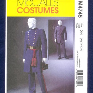 May include: McCall's Costumes pattern M4745 featuring a navy blue military uniform with gold buttons, a red sash, and matching trousers. The pattern includes a smaller image of a similar uniform. The text on the pattern reads "Size XN (Xlg-XXI-XXXI)".