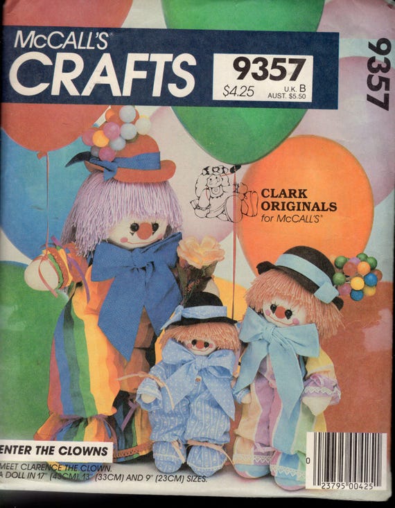 Mccall's 9357 Clarence the Clown Stuffed Raggedy Dolls Wearing
