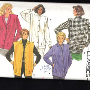 May include: A sewing pattern for four different jackets. The jackets are in various colours and patterns, including pink, white, yellow, and black and white checked. The pattern is for sizes 8-10-12. The pattern is from Butterick Classics.