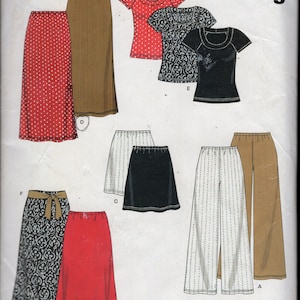 Könnte beinhalten: Ein New Look Schnittmuster mit Designs für Röcke, Oberteile und Hosen. Das Muster enthält einen roten Polka-Dot-Rock, einen braunen Rock und ein schwarzes Oberteil. Das Wort "easy" wird angezeigt.