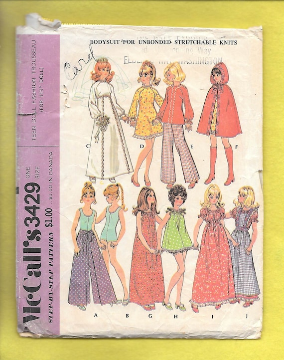 McCalls 3429 Vintage Sewing Pattern for dolls such as Barbie Trousseau 70s