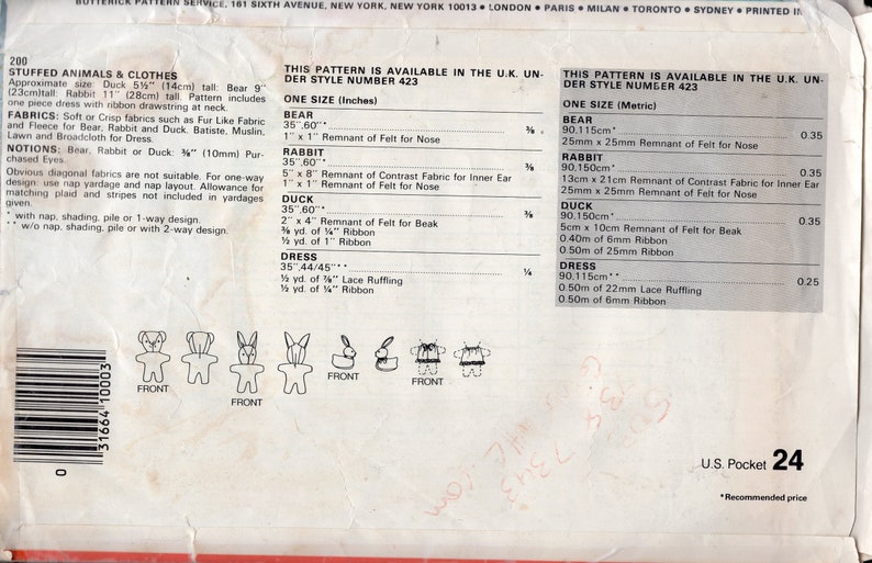 May include: A Butterick sewing pattern envelope back for stuffed animals and clothes, pattern number 200. It includes text detailing fabric requirements, notions, and sizes in inches and centimeters, alongside line drawings of a bear, rabbit, and duck.