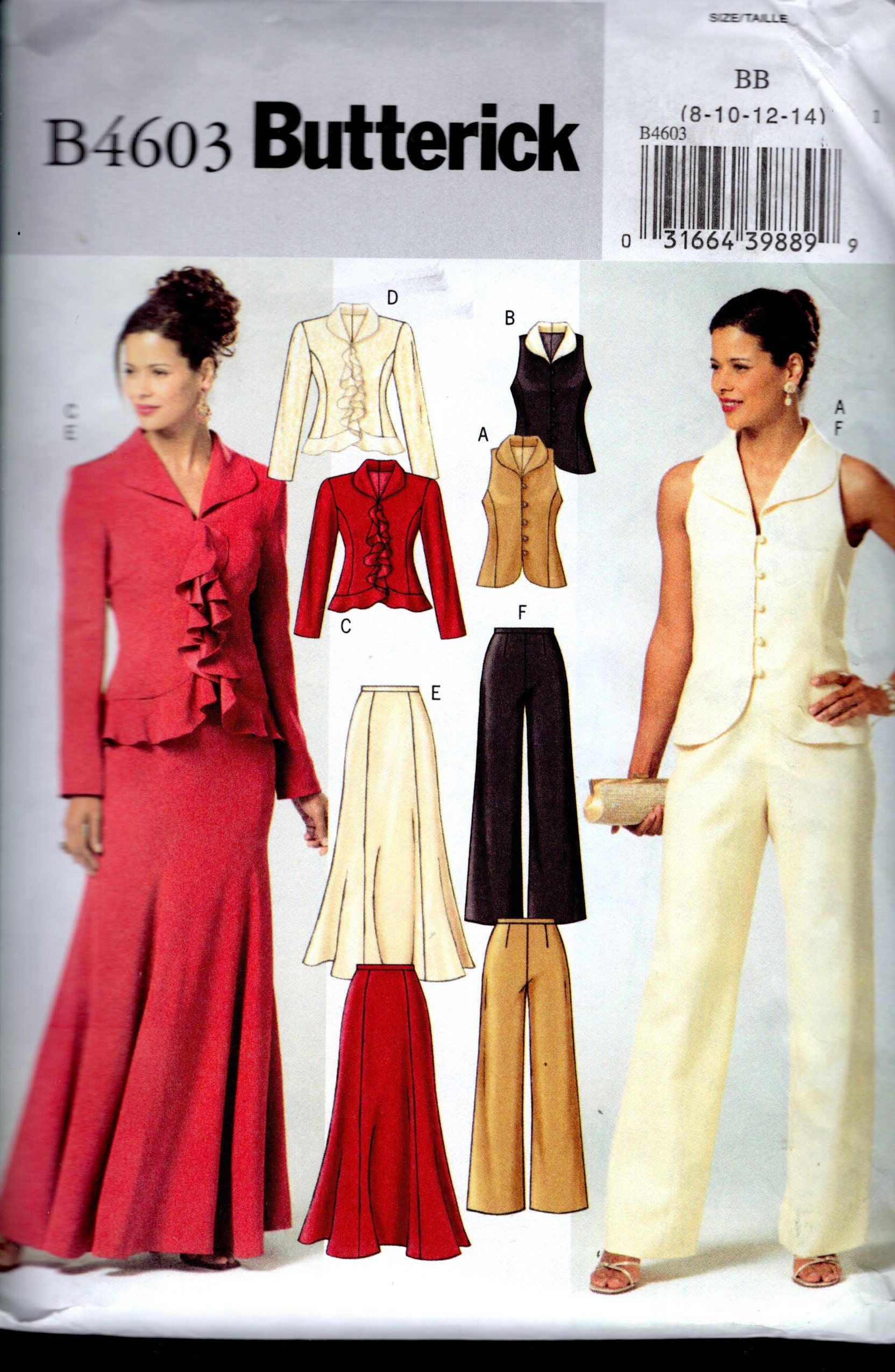 Butterick 4603 Misses' Long Flowing Skirt, Wide Legged Pants, Long or No Sleeved Princess Seamed Button Front Top, Sizes 8-14, UNCUT