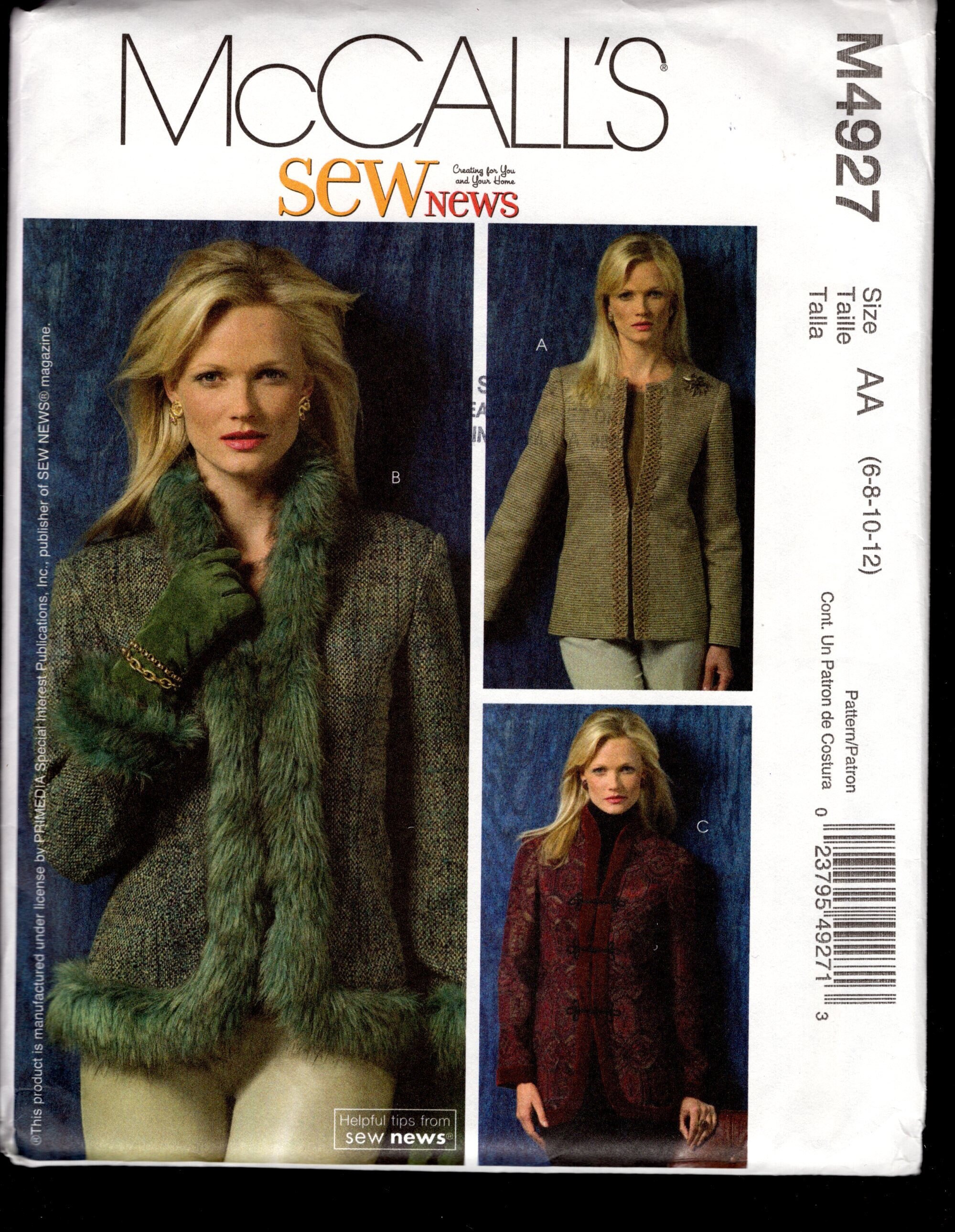 McCall's 4927 Misses' Wardrobe Extender Fashion Jacket, with Your Choice of Trim and Length Options, Sizes 6-8-10-12, UNCUT