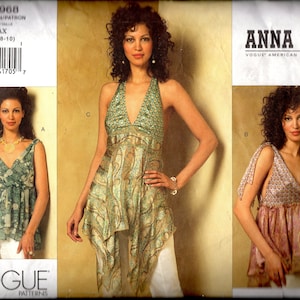 Vogue 2968 Designer Anna Sui Halter, or Sleeveless Tops w/Deep V Neckline, & Gypsy Inspired Flowing Skirt, Sizes 4-10 Cut, See Details