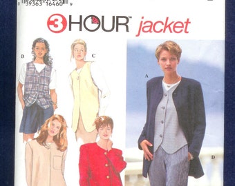 Vintage 90's Simplicity 9361 Misses' Jacket, And Vest, With Clean Classic Lines, Single Button Shaped Hem, Sizes 12, 14, 16, UNCUT, or CUT