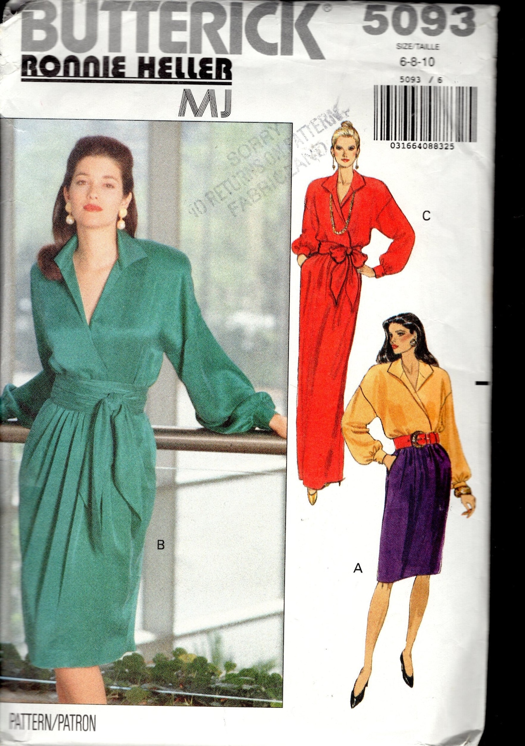 Butterick 5093 Fab 90's Misses' Mock Wrap Dress With Dropped Shoulders ...