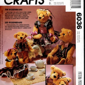 May include: McCall's Crafts pattern featuring The Rosenbears teddy bears. Mama and Poppa are 18 inches tall, and the brother and sister are 11 inches high. The bears are dressed in detailed outfits and are jointed to move their limbs.