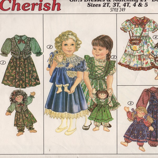 Vintage 80's Sunrise Design Cherish Style 249 Little Girl's Dresses and Matching Dolls and Dresses Sizes 2T-3T-4T, 4-5, UNCUT