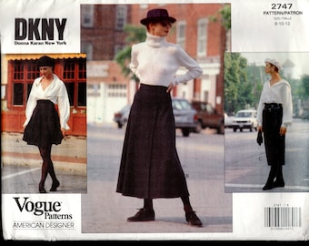 Designer Donna Karan, Fab 90's Vogue 2747 Misses' Skirts, Flared, Short, or Long, with Lined Yokes, or Straight Skirt, Sizes 8-12, UNCUT