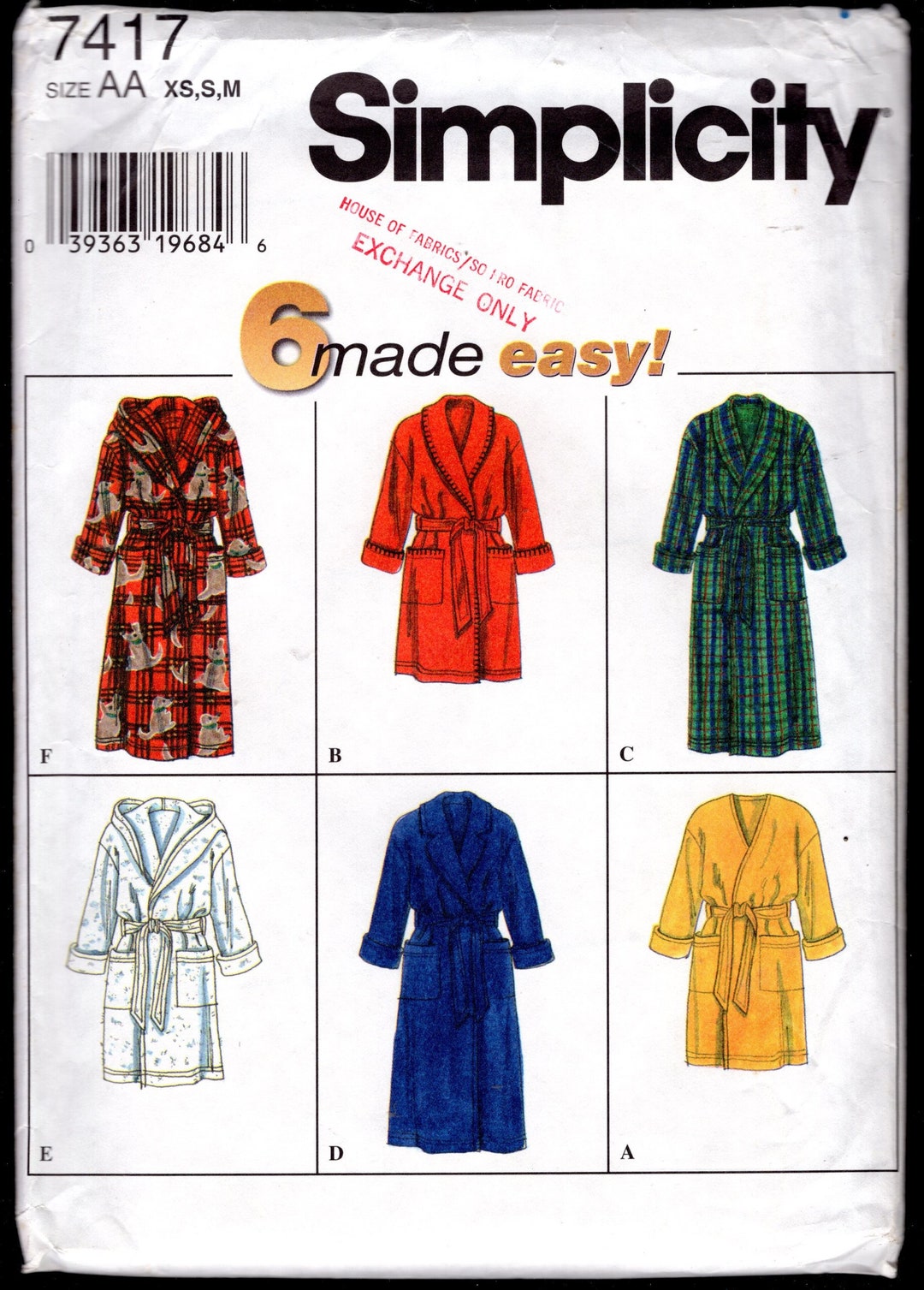 Simplicity 7417 Men's, Misses' Hotel, Spa, Robes; Long or Short Lengths ...