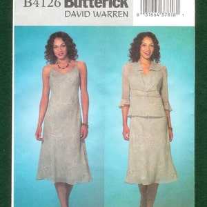 May include: Butterick sewing pattern B4126 by David Warren. The pattern features a woman in a light green dress and a matching skirt suit. The garments have a floral design. The pattern size is 12, 14, and 16.