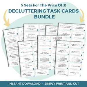 May include: A decluttering task cards bundle, featuring cards with tasks such as removing old clothes, books, and unused items. The cards are white with black text, providing a straightforward method for decluttering. The text "5 Sets For The Price Of 3!" is at the top.