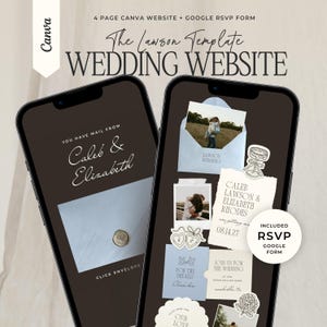Bruin & stoffig blauw trouwwebsite-sjabloon met RSVP: bewerkbare Canva-uitnodigingswebsite met envelop (digitale download)