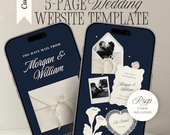 Old Money Wedding Website Template with RSVP: Editorial Navy Blue & Ivory Editable Canva Envelope Invitation Site (Digital Download)