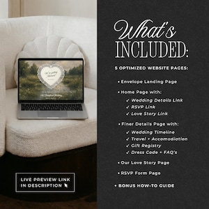 Pu&ograve; includere: Un computer portatile mostra un sito web di matrimonio con una grafica a forma di cuore sullo schermo. Il testo recita: What's INCLUDED: 5 OPTIMIZED WEBSITE PAGES: Envelope Landing Page, Home Page with Wedding Details, RSVP, Love Story, Finer Details Page, Our Love Story Page, RSVP Form Page, e BONUS HOW-TO GUIDE.