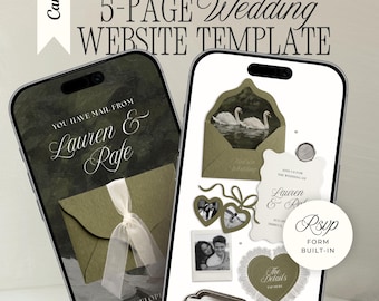Old Money Wedding Website with RSVP: Romantic Olive Green & Ivory Swan Editable Canva Envelope Invitation Site (Digital Download)