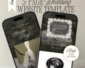 Old Money Wedding Website with RSVP: Romantic Olive Green & Ivory Lace Swan Editable Canva Envelope Invitation Site (Digital Download)