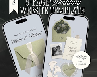 Old Money Wedding Website Template with RSVP: Romantic Baby Blue & Green Editable Canva Envelope Invitation Site (Digital Download)