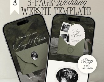 Sage Green & Ivory Wedding Website Template with RSVP: Old Money Romantic Editable Canva Envelope Invitation Site (Digital Download)