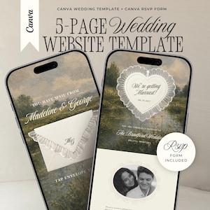 May include: Two smartphones displaying a 5-page wedding website template. The screens show a landscape background with an envelope graphic, the text "You have mail from Madeline & George," and a heart-shaped frame with "We're getting married!"