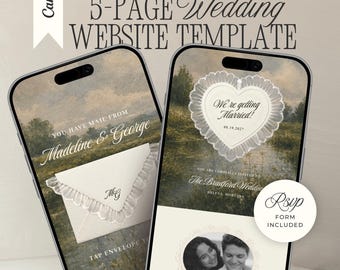 Old Money Wedding Website Template with RSVP: Romantic Lace Ivory Editable Canva Envelope Invitation Site (Digital Download)