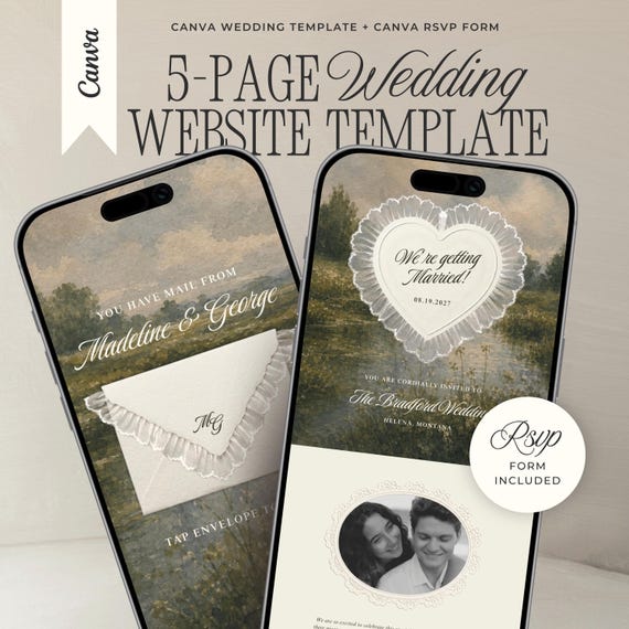 Old Money Wedding Website Template with RSVP: Romantic Lace Ivory Editable Canva Envelope Invitation Site (Digital Download)
