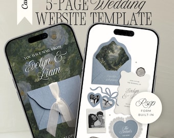 Old Money Wedding Website Template with RSVP: Romantic Pale Blue & Ivory Vintage Editable Canva Envelope Invitation Site (Digital Download)