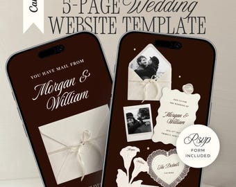 Old Money Wedding Website Template with RSVP: Editorial Burgundy Editable Canva Envelope Invitation Site (Digital Download)