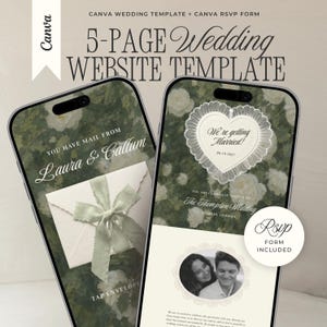 Può includere: Un modello di sito web per matrimoni di 5 pagine per Canva visualizzato su due smartphone. Gli schermi mostrano uno sfondo floreale verde scuro, una busta con un nastro, una cornice in pizzo a forma di cuore con il testo We're getting Married.