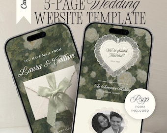 Old Money Wedding Website Template with RSVP: Romantic Green & Ivory Floral Editable Canva Envelope Invitation Site (Digital Download)