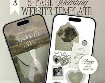 Old Money Wedding Website with RSVP: Romantic Pale Green & Ivory Editable Canva Envelope Invitation Site (Digital Download)