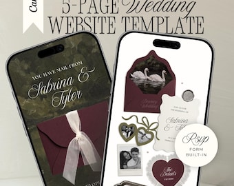 Old Money Wedding Website with RSVP: Romantic Burgundy & Green Vintage Editable Canva Envelope Invitation Site (Digital Download)