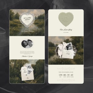 Pu&ograve; includere: Un set di inviti di nozze digitali con due pannelli verticali con immagini di paesaggi, un emblema a forma di cuore con il testo "We're Getting Married!", una foto di coppia, una grafica di busta e un timer per il conto alla rovescia 139:08:35:43.