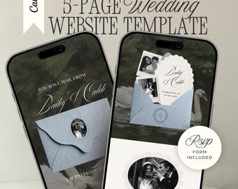 Dusty Blue & Ivory Wedding Website Template with RSVP: Old Money Romantic Editable Canva Envelope Invitation Site (Digital Download)