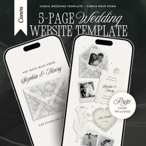 Può includere: Un modello di sito web per matrimoni di 5 pagine per Canva visualizzato su due smartphone. Gli schermi mostrano un invito digitale con il testo "You have mail from Sophia & Henry" e un modulo RSVP con buste floreali e collage di foto.