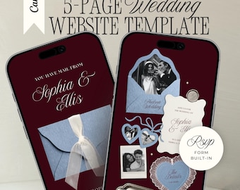 Burgundy & Baby Blue Wedding Website Template with RSVP: Old Money Editable Canva Envelope Invitation Site (Digital Download)