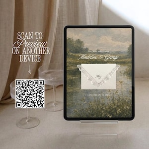 Pu&ograve; includere: Lo schermo di un tablet mostra un invito digitale con un dipinto paesaggistico, il testo "YOU HAVE MAIL FROM Madeline & George" e una grafica di una busta con bordo arricciato e il monogramma "MG" sopra il testo "TAP ENVELOPE TO OPEN."