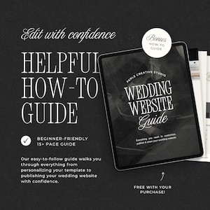 Pu&ograve; includere: Un tablet digitale che mostra un documento intitolato Wedding Website Guide di Perle Creative Studio. Il testo recita Edit with confidence, Helpful How-To Guide, Beginner-Friendly 15+ Page Guide e Free with your purchase. Lo sfondo &egrave; nero.