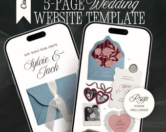 Old Money Wedding Website with RSVP: Romantic Dusty Blue, Burgundy & Blush Pink Editable Canva Envelope Invitation Site (Digital Download)