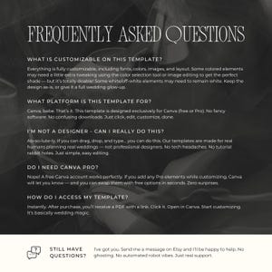 Pu&ograve; includere: Un grafico digitale con il testo FREQUENTLY ASKED QUESTIONS seguito da sezioni che descrivono le opzioni di personalizzazione, la compatibilit&agrave; con la piattaforma Canva, la facilit&agrave; d'uso, i requisiti di Canva Pro e le istruzioni di accesso via PDF.