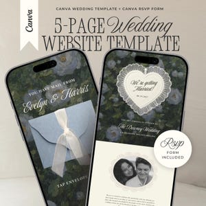 May include: A 5-page wedding website template for Canva displayed on two smartphones. The screens show floral backgrounds, a blue envelope with a white ribbon, a heart-shaped graphic with the text We're getting Married, and a couple's photo.