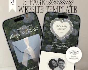 Old Money Wedding Website Template with RSVP: Romantic Dusty Blue & Ivory Floral Editable Canva Envelope Invitation Site (Digital Download)