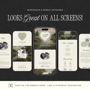 Pu&ograve; includere: Un display digitale che mostra un modello di sito web per matrimoni responsive su cinque schermi verticali. Il design presenta sfondi color crema, un'elegante tipografia serif, fotografie di paesaggi ed elementi grafici a forma di cuore.