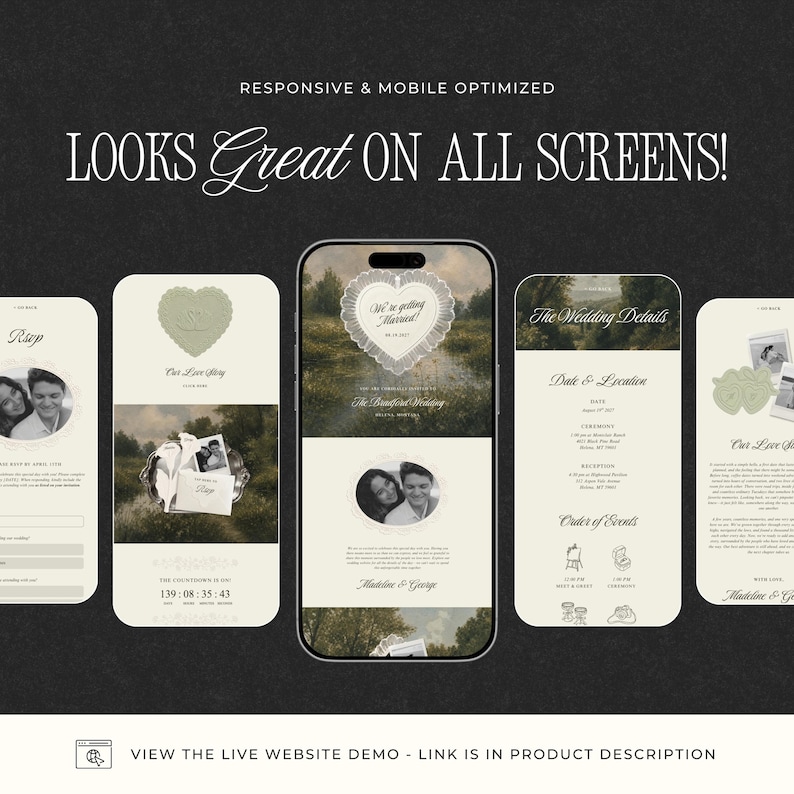 Pu&ograve; includere: Un display digitale che mostra un modello di sito web per matrimoni responsive su cinque schermi verticali. Il design presenta sfondi color crema, un'elegante tipografia serif, fotografie di paesaggi ed elementi grafici a forma di cuore.