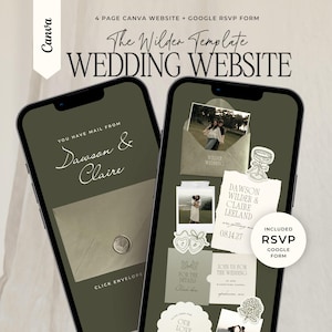 Olijfgroene trouwwebsite-template met RSVP: Old Money bewerkbare Canva-uitnodigingswebsite met envelop (digitale download)