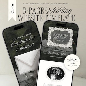 May include: A 5-page wedding website template for Canva displayed on two smartphones. The screens show dark backgrounds with swan imagery, white lace frame graphics, and elegant serif typography. Text includes Caroline & Jackson, We're getting Married, and The Collins Wedding. A circular badge reads RSVP FORM INCLUDED.